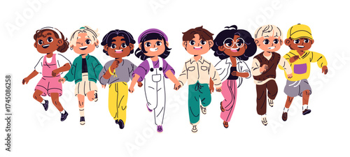 Happy kids are running front view. Children group is holding hands and rushing to lessons. Cute team of girls and boys is jogging and having fun together. Flat isolated vector illustration on white