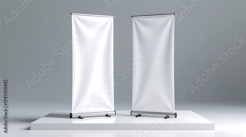Two Blank White Roll up Banners on Stage for Mockup Display