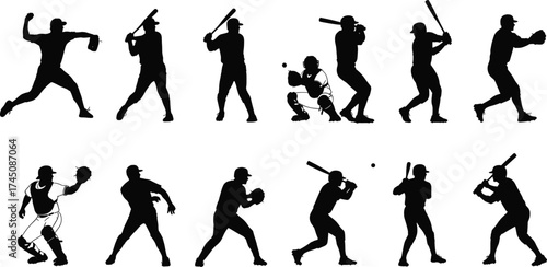 Behang Baseball player silhouettes, batting stance, pitching motion, catcher pose, fiel