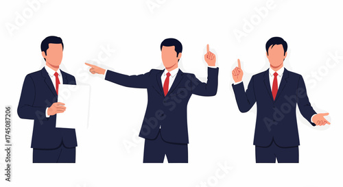 Businessman Gesturing Presenting Pointing Explaining Ideas in Set of Three Poses