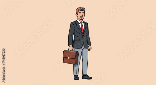 Smiling Businessman in Suit Holding Briefcase Standing Isolated on Light Background