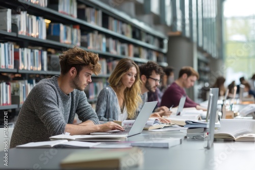 Wallpaper Mural University Students Studying in Modern Library with Bookshelves Torontodigital.ca