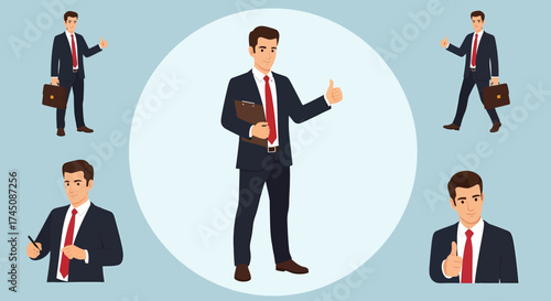 Businessman Character Set Multiple Poses for Corporate Presentation and Success Concepts
