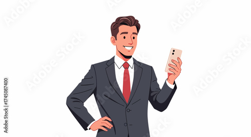 Smiling Businessman Looking at Smartphone Screen on White Background