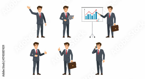 Businessman Character Set Six Poses for Business Presentation Finance and Office Scenarios
