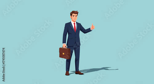 Confident Businessman in Suit Holding Briefcase Signaling for a Ride on Light Blue Background
