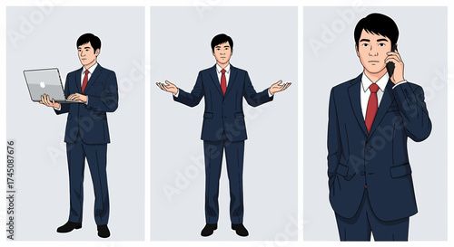 Businessman Character Set Working on Laptop Shrugging and Talking on Phone Illustration