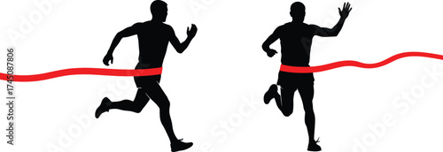 Runner silhouettes, finish line sprint, race moment, athletic competition, red ribbon, motion, speed, black figures, sports victory, dynamic action