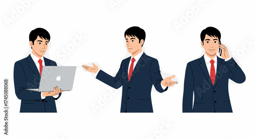 Businessman Character Set Working on Laptop Presenting and Talking on Mobile Phone