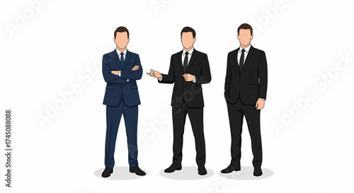 Three Professional Businessmen in Suits Standing Together on White Background Corporate Team Concept
