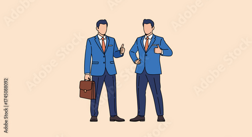 Two Professional Businessmen in Blue Suits Showing Thumbs Up Gesture for Agreement and Success