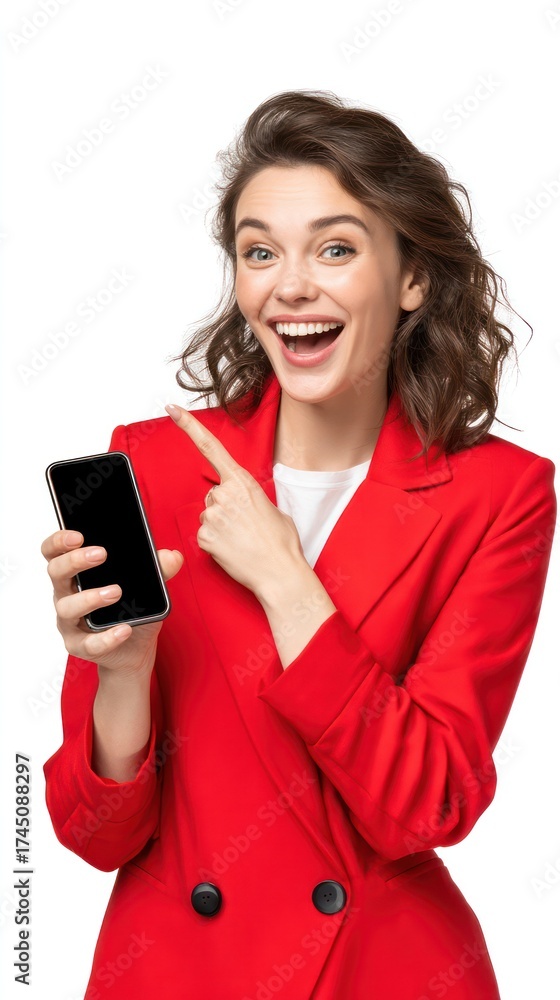 Naklejka premium Laughing businesswoman holding phone and pointing at screen