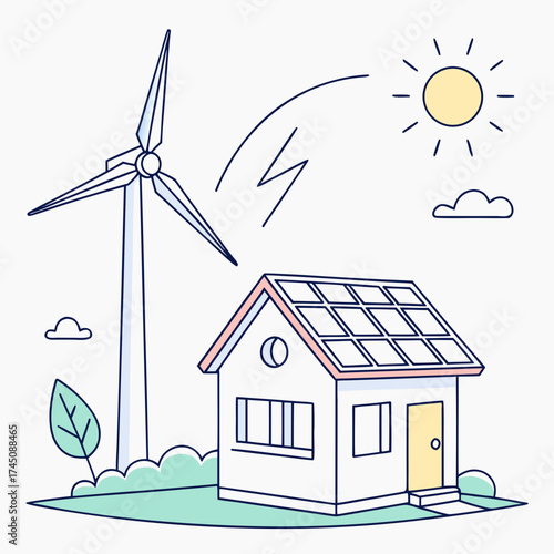 Sustainable home with solar panels and wind turbine generating clean energy