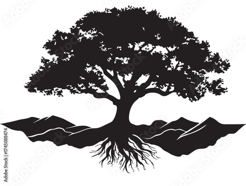 Enchanting valley tree roots design 2D vector line art composition  