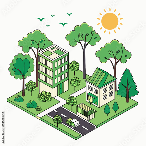 Isometric illustration of a sustainable city with buildings trees and a solar powered car