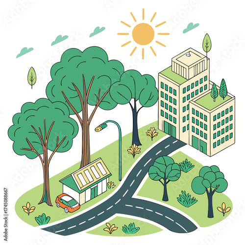 Sustainable city illustration with green buildings and solar powered house