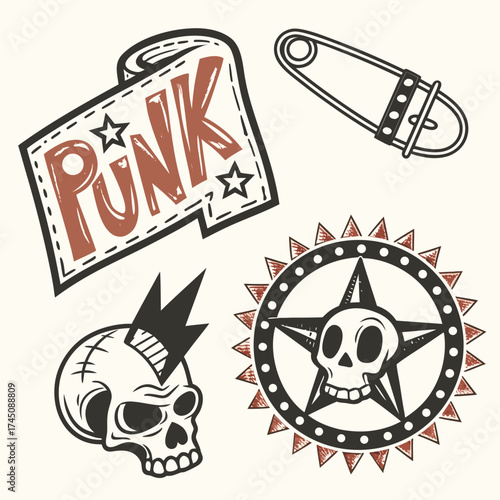 Punk rock icons including skull safety pin and starburst emblem