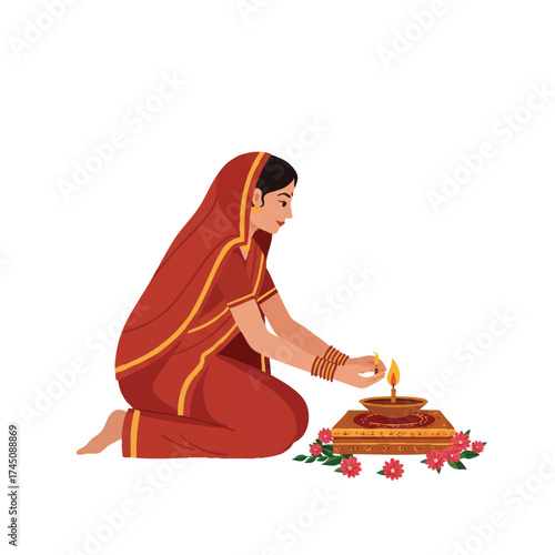 A vibrant 2D flat vector shows an Indian woman in a traditional saree kneeling to place a lit candle on a decorative altar with flowers, symbolizing devotion on a white background.