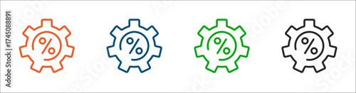 Gear icon with percent for maintenance, engineering, development. Vector outline icon.