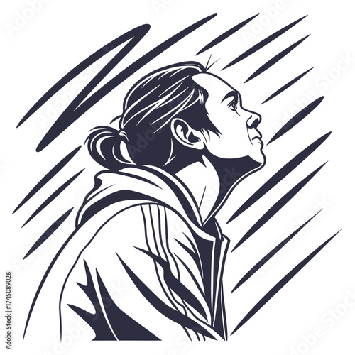 Stylized portrait of a young person looking upwards in profile