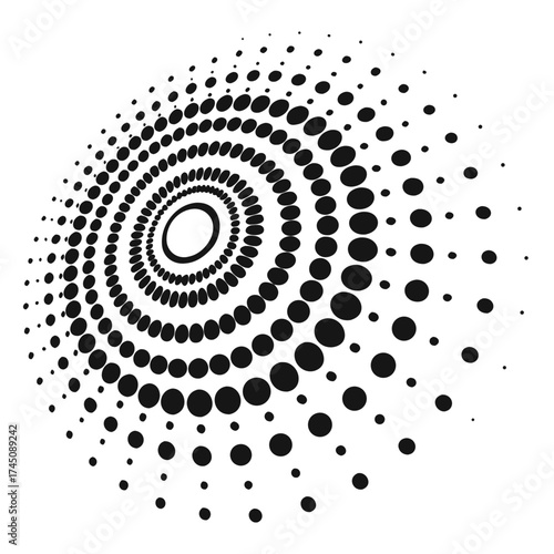 Abstract radial pattern of black dots on a white background