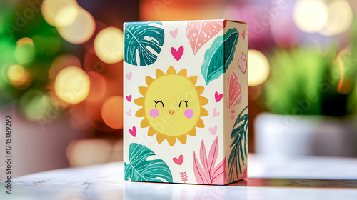 Adorable cartoon sun character smiling joyfully on a beautifully decorated surface surrounded by bokeh lights