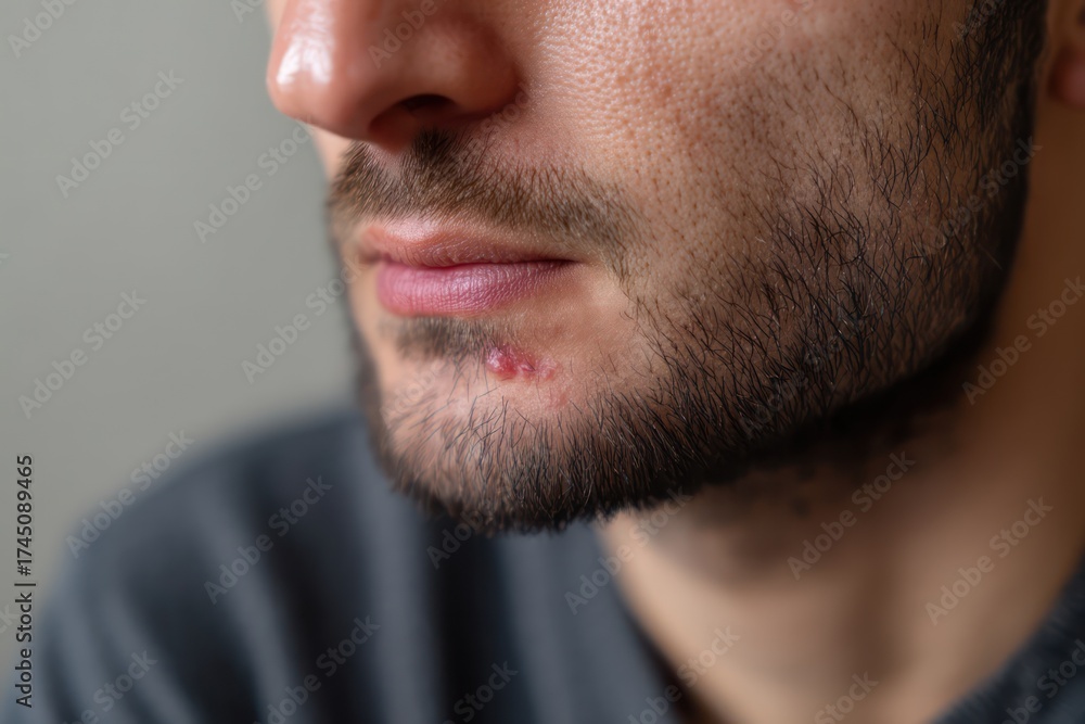 Obraz premium Macro detail of man's upper lip with cold sore