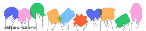 Outline hands with colourful speech bubbles. People hold frames with different shapes for talk and text. Online chat. Communication and conversation concept. Flat isolated vector illustration on white