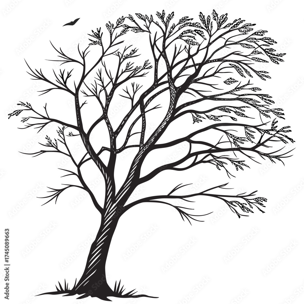 Naklejka premium Stylized black and white drawing of a bare tree with a bat flying