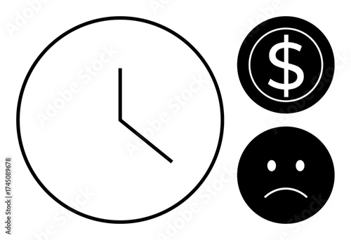 Clock, dollar sign, and sad face representing time management, financial pressure, and stress. Ideal for economy, finance, work-life balance, deadlines productivity budgeting simple flat metaphor