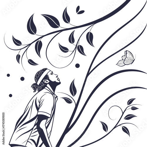 Tennis player looking up at butterfly and branches with leaves