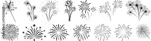 Firework Icon set.Firecracker for Anniversary, New year, Celebrate, Festival. Contains icons of firecracker, sparkler, salute, petard, firework box and more.Flat design on black background.