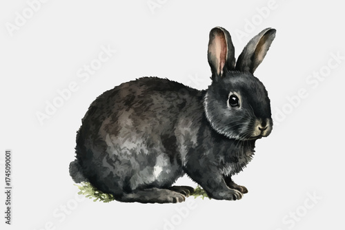 Black Rabbit Watercolor Cute Animal Illustration Hand Painted Bunny Clipart on white isolated background