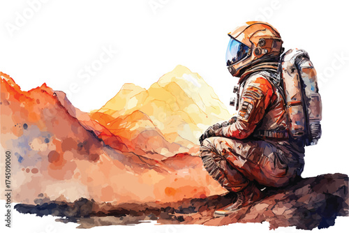 Astronaut in Space and Mars Watercolor Sci-Fi Illustration Space Exploration Clipart Perfect for science fiction designs, educational materials, poster