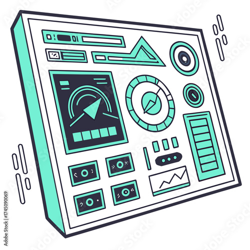 Futuristic dashboard with gauges and controls in a clean modern style