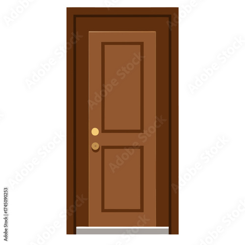 Closed brown residential door vector on white background.