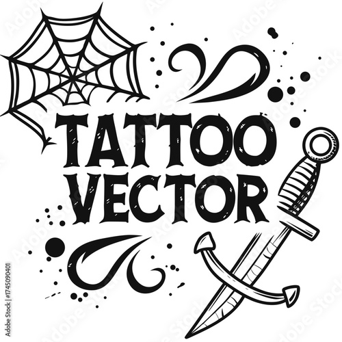 Tattoo vector design with spiderweb dagger and swirls