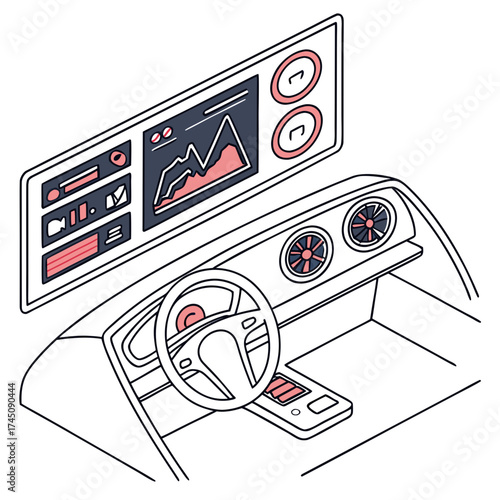 Modern car dashboard with digital display and steering wheel