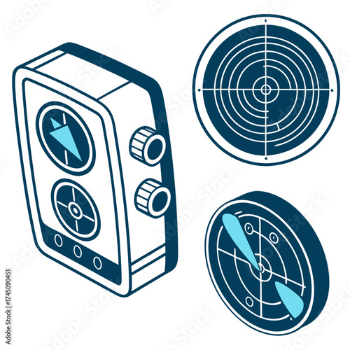 Vintage nautical navigation instruments compass and radar display icons