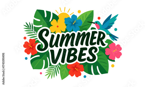 Tropical Summer Bouquet with Hummingbird – Flat Vector Illustration, easily editable.