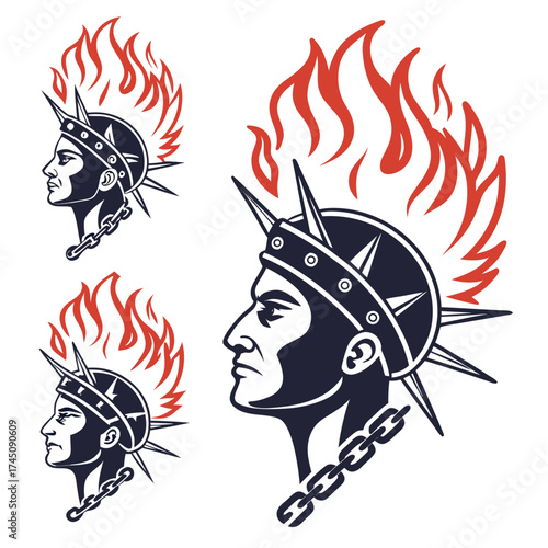 Punk rock warrior with flaming mohawk and spiked helmet
