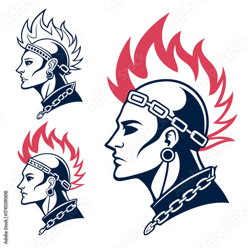 Punk rock profile with mohawk and chain collar