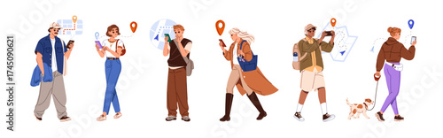 People navigate with GPS in smartphone set. Tourists look for route in travel on online maps. Men and women search for way with mobile phone. Flat isolated vector illustrations on white background