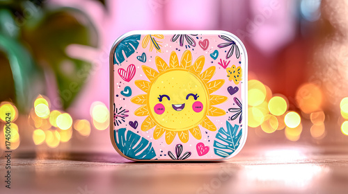 Cute cartoon sun character with floral accents in a soft focus bokeh light setting