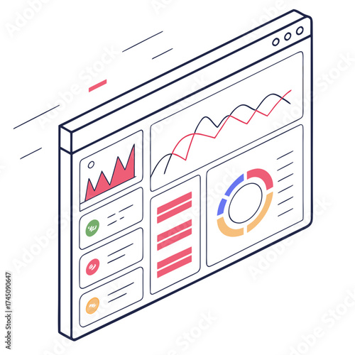 Isometric illustration of a digital dashboard with charts and graphs