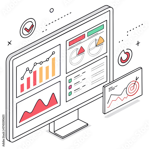 Isometric illustration of a computer screen displaying various data charts and graphs