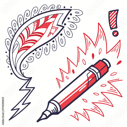 Creative doodle art of a feather and a marker with exclamation mark
