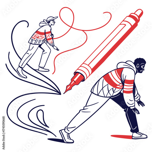 Two people drawing with a large red marker and red line art