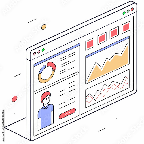Isometric dashboard interface with charts and user profile illustration