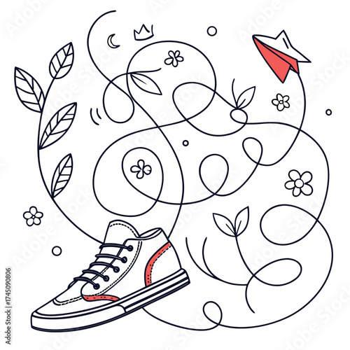 Whimsical sneaker with flying paper plane and floral elements